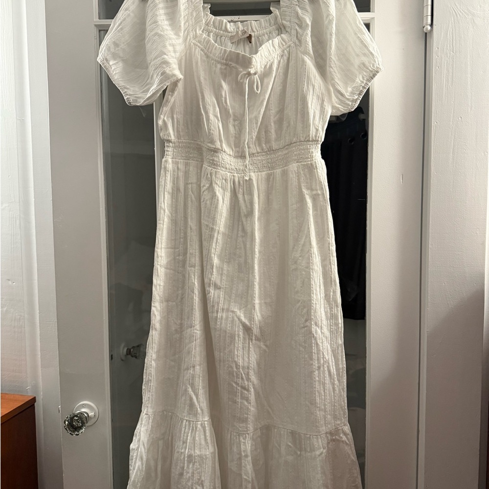 LOFT White Ruffled Puff Sleeve Maxi Dress